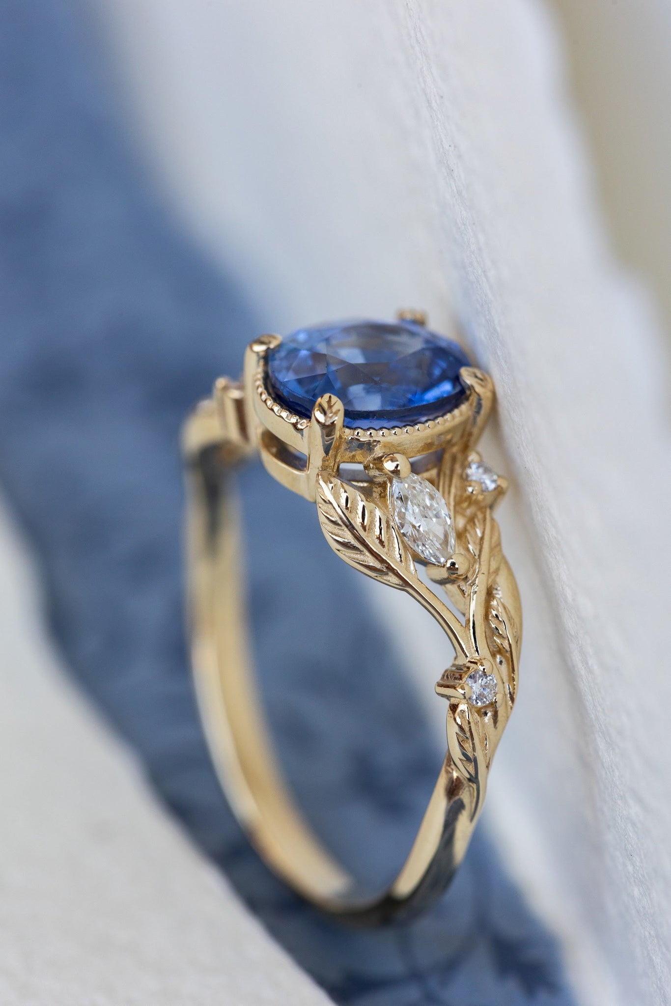 Natural oval blue sapphire engagement ring, gold leaves and diamonds proposal ring / Patricia - Eden Garden Jewelry™