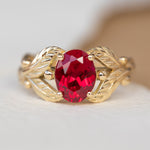 1.5 carat lab ruby engagement ring, gold leaves ring with oval shape gemstone / Cornus - Eden Garden Jewelry™