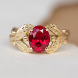 1.5 carat lab ruby engagement ring, gold leaves ring with oval shape gemstone / Cornus - Eden Garden Jewelry™