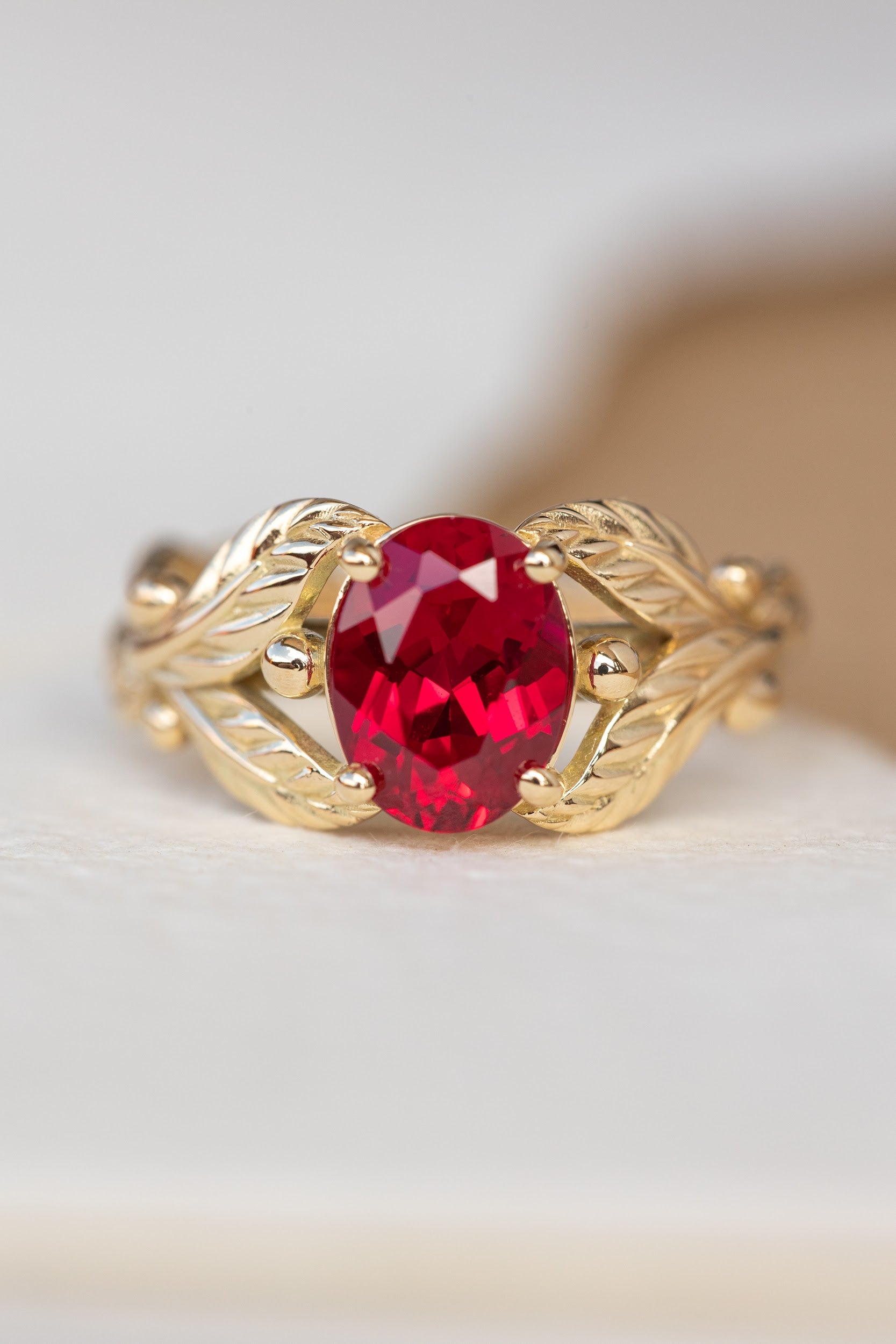 1.5 carat lab ruby engagement ring, gold leaves ring with oval shape gemstone / Cornus - Eden Garden Jewelry™