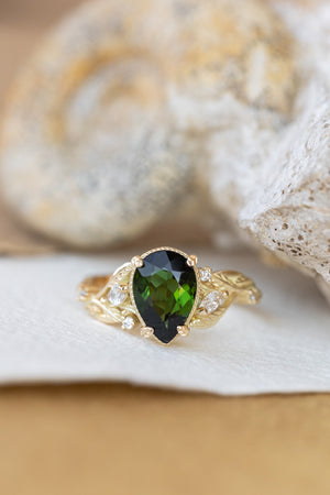Big vivid green tourmaline engagement ring, nature inspired gold ring with accent diamonds / Patricia - Eden Garden Jewelry™
