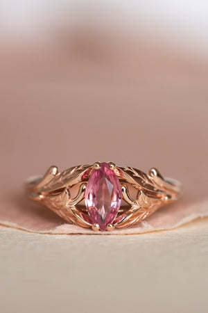 Natural pink sapphire engagement ring, leaf proposal ring with marquise cut gemstone / Wisteria - Eden Garden Jewelry™