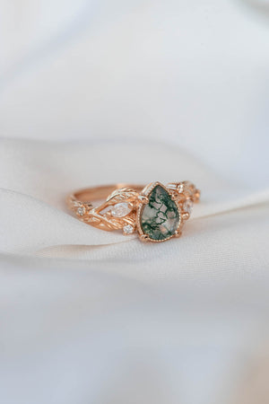 Pear moss agate engagement ring with diamonds, gold leaf branch proposal ring / Patricia - Eden Garden Jewelry™