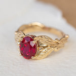 1.5 carat lab ruby engagement ring, gold leaves ring with oval shape gemstone / Cornus - Eden Garden Jewelry™