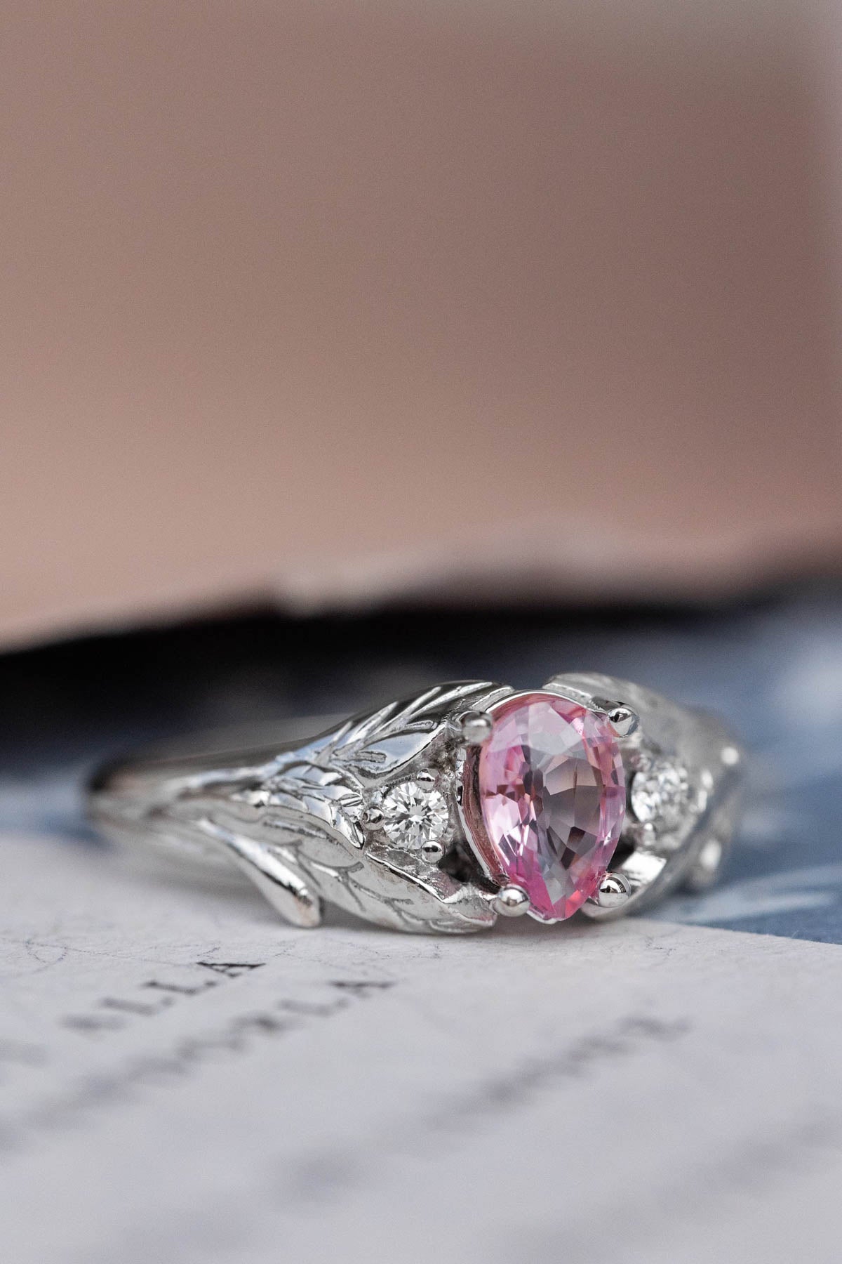 Natural pink sapphire engagement ring, white gold leaf proposal ring with accent diamonds / Wisteria - Eden Garden Jewelry™