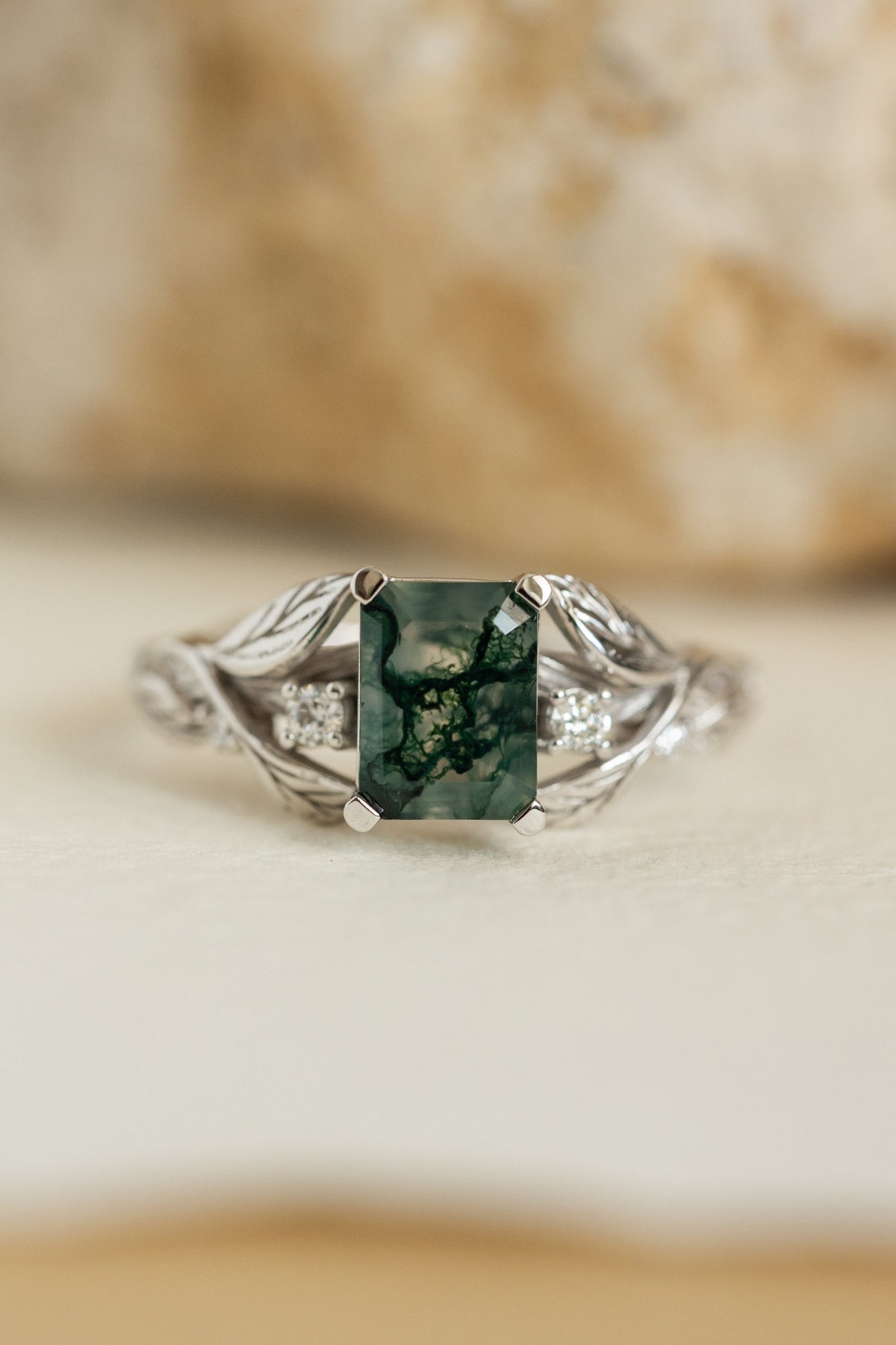 Emerald cut moss agate engagement ring, gold nature themed ring diamonds / Clematis - Eden Garden Jewelry™