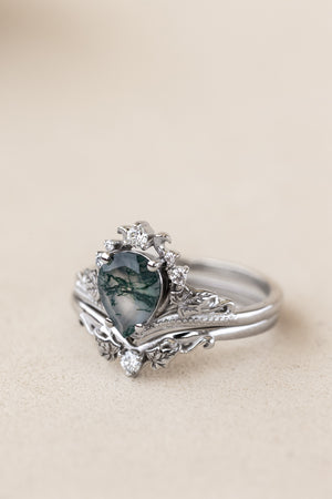 READY TO SHIP: Ariadne ring in 14K or 18K white gold, pear cut moss agate, accent lab grown diamonds, RING SIZE:  7US