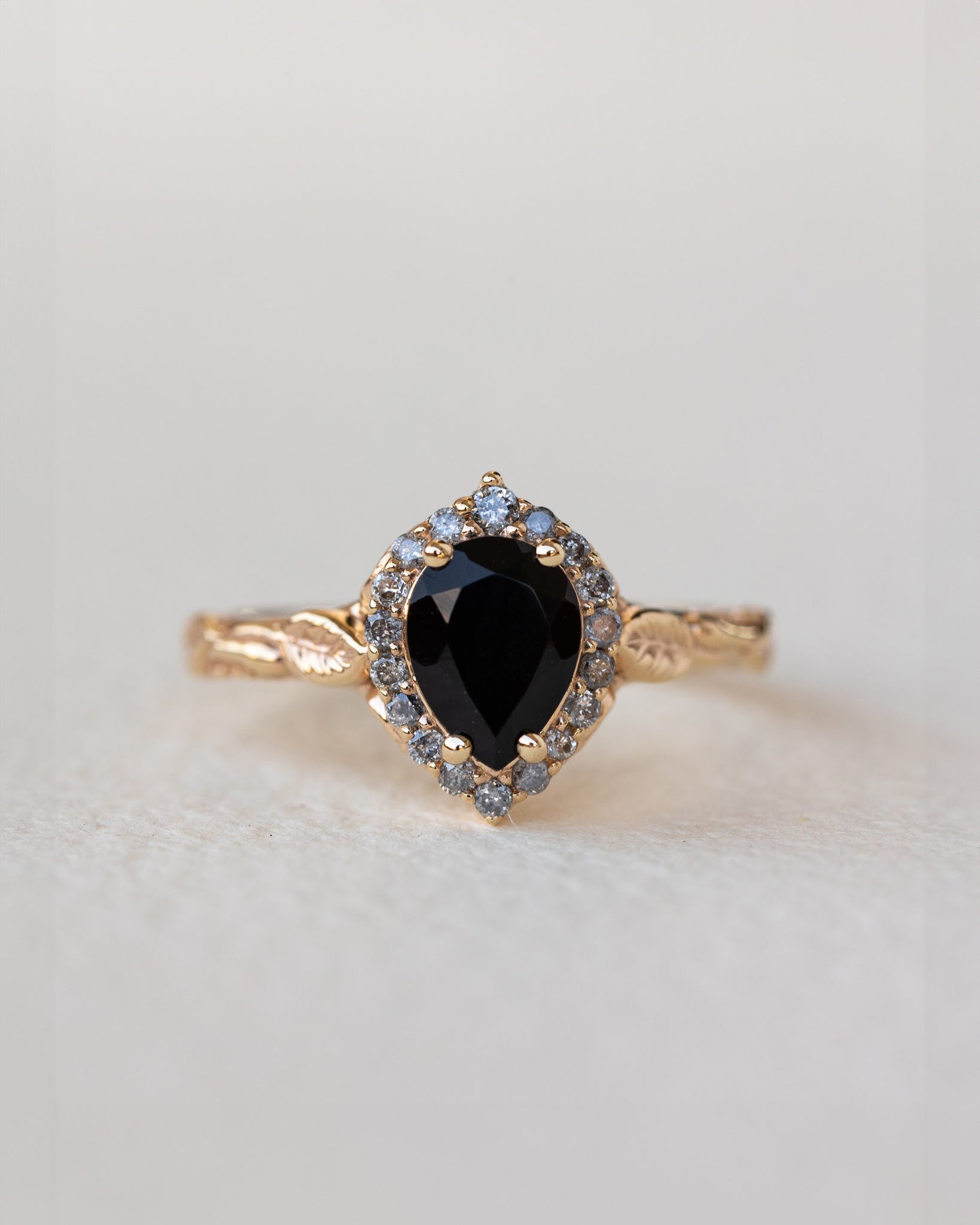 Black spinel with salt and pepper diamonds halo engagement ring / Florentina