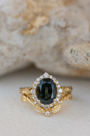 Diamond halo and natural teal sapphire engagement ring, nature inspired yellow gold ring / Florentina - Eden Garden Jewelry™