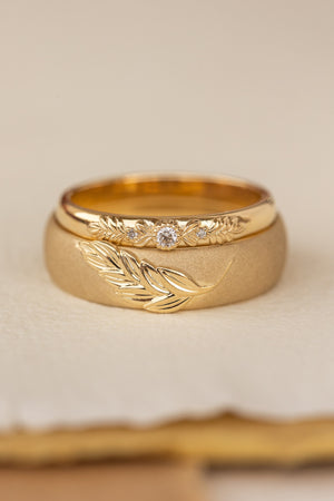Wedding rings set for couples: satin band with palm leaf for him, wreath  ring with gemstones for her