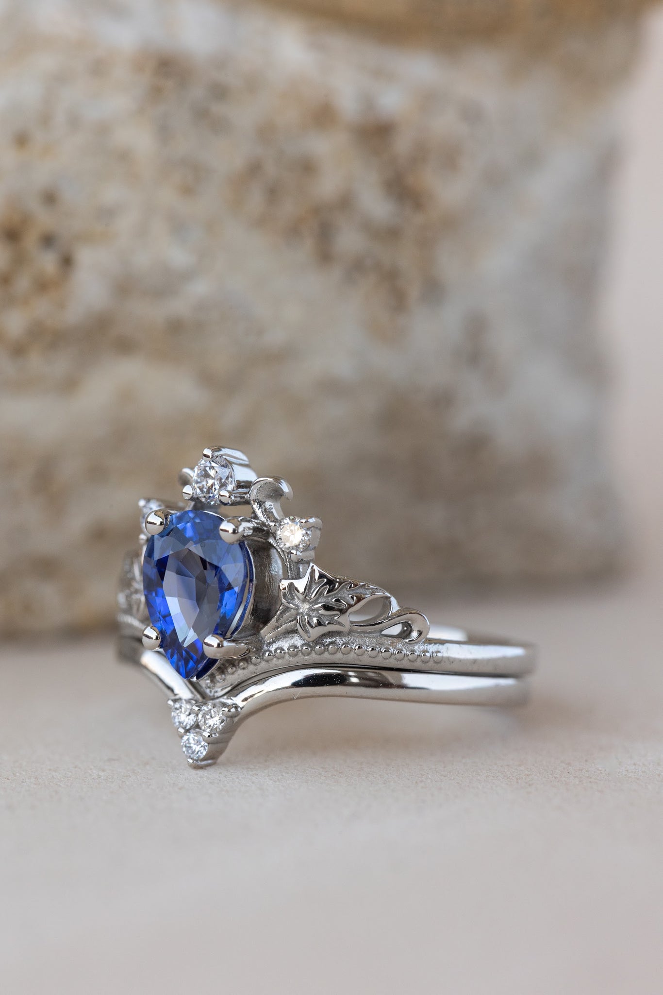 READY TO SHIP: Ariadne bridal set in 14K white gold, pear cut natural sapphire 7x5 mm, lab grown diamonds, RING SIZE: 4.5 US