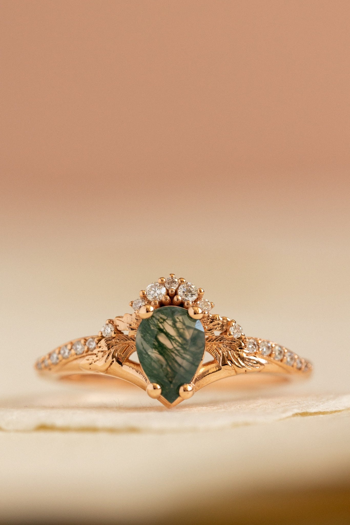 Diamond crown moss agate proposal ring / Amelia - Eden Garden Jewelry™
