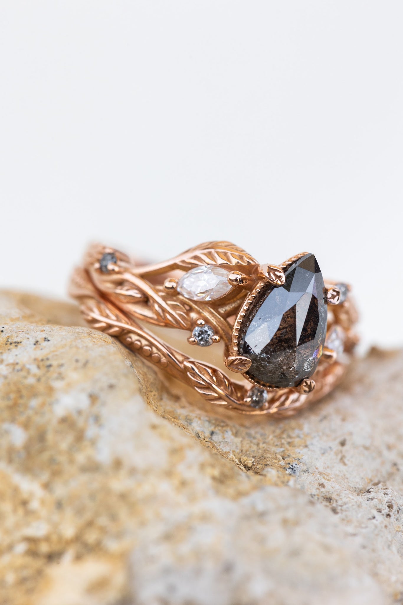 READY TO SHIP: Exclusive Patricia pear cut salt & pepper diamond ring set in rose gold, AVAILABLE RING SIZES: 4US