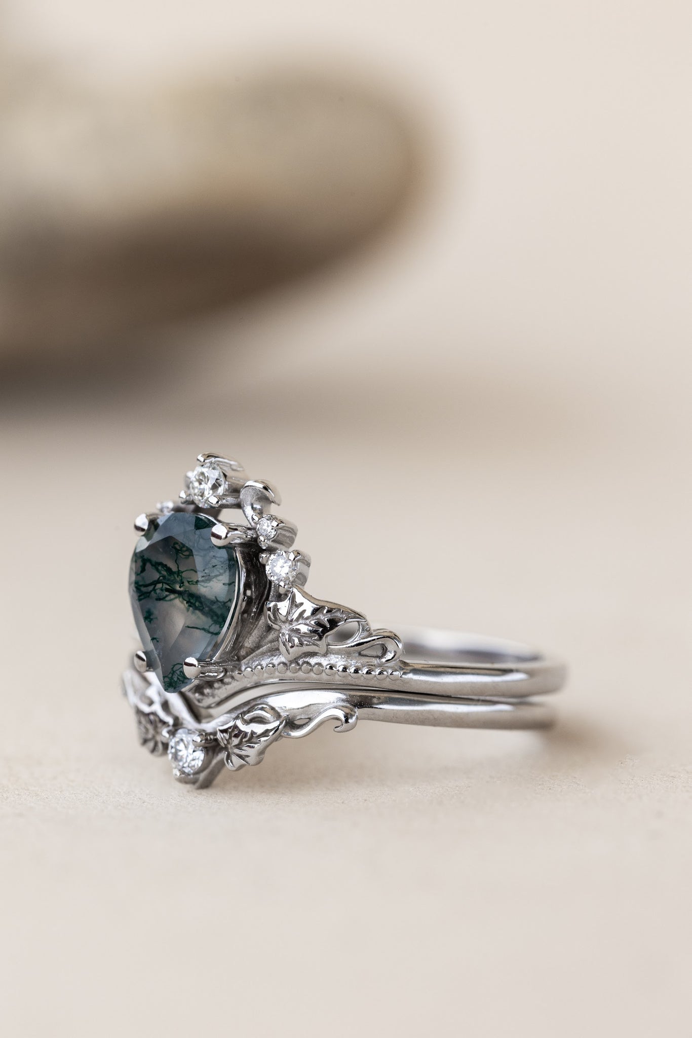 READY TO SHIP: Ariadne ring in 14K or 18K white gold, pear cut moss agate, accent lab grown diamonds, RING SIZE:  7US