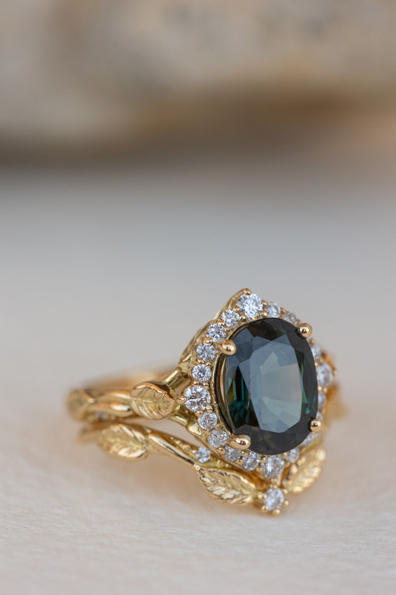 Dark teal genuine sapphire engagement ring set, diamond halo bridal ring set / Florentina - Eden Garden Jewelry™