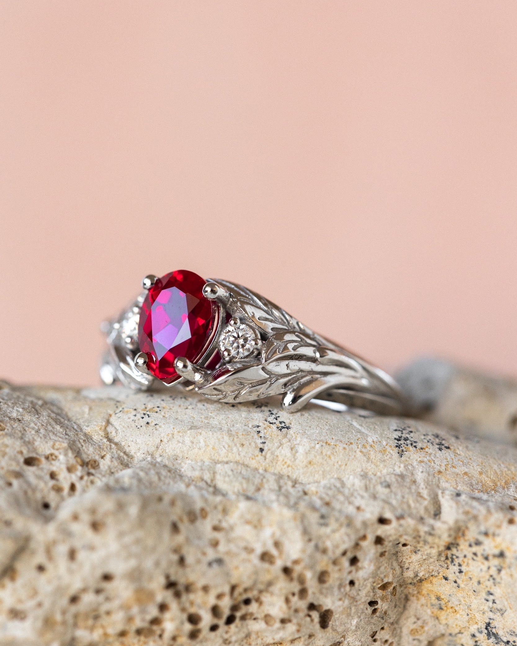 Lab ruby engagement ring, nature inspired ring with accent diamonds / Wisteria - Eden Garden Jewelry™