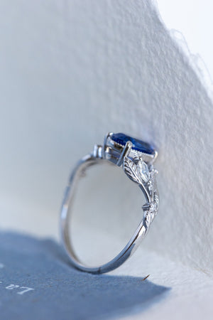 READY TO SHIP: Patricia ring in 18K white gold, natural vivid blue sapphire 8x6 mm, accent lab grown diamonds, AVAILABLE RING SIZES: 7US