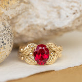 1.5 carat lab ruby engagement ring, gold leaves ring with oval shape gemstone / Cornus - Eden Garden Jewelry™