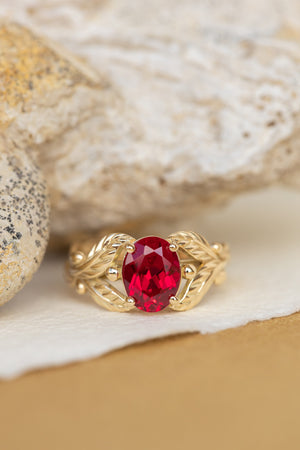 1.5 carat lab ruby engagement ring, gold leaves ring with oval shape gemstone / Cornus - Eden Garden Jewelry™