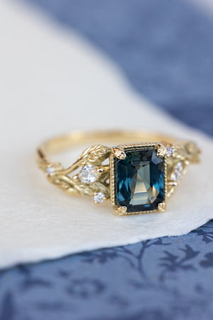 READY TO SHIP: Patricia ring in 14K yellow gold, natural teal sapphire emerald cut 8x6 mm, accents natural diamonds, AVAILABLE RING SIZES: 6-8US - Eden Garden Jewelry™