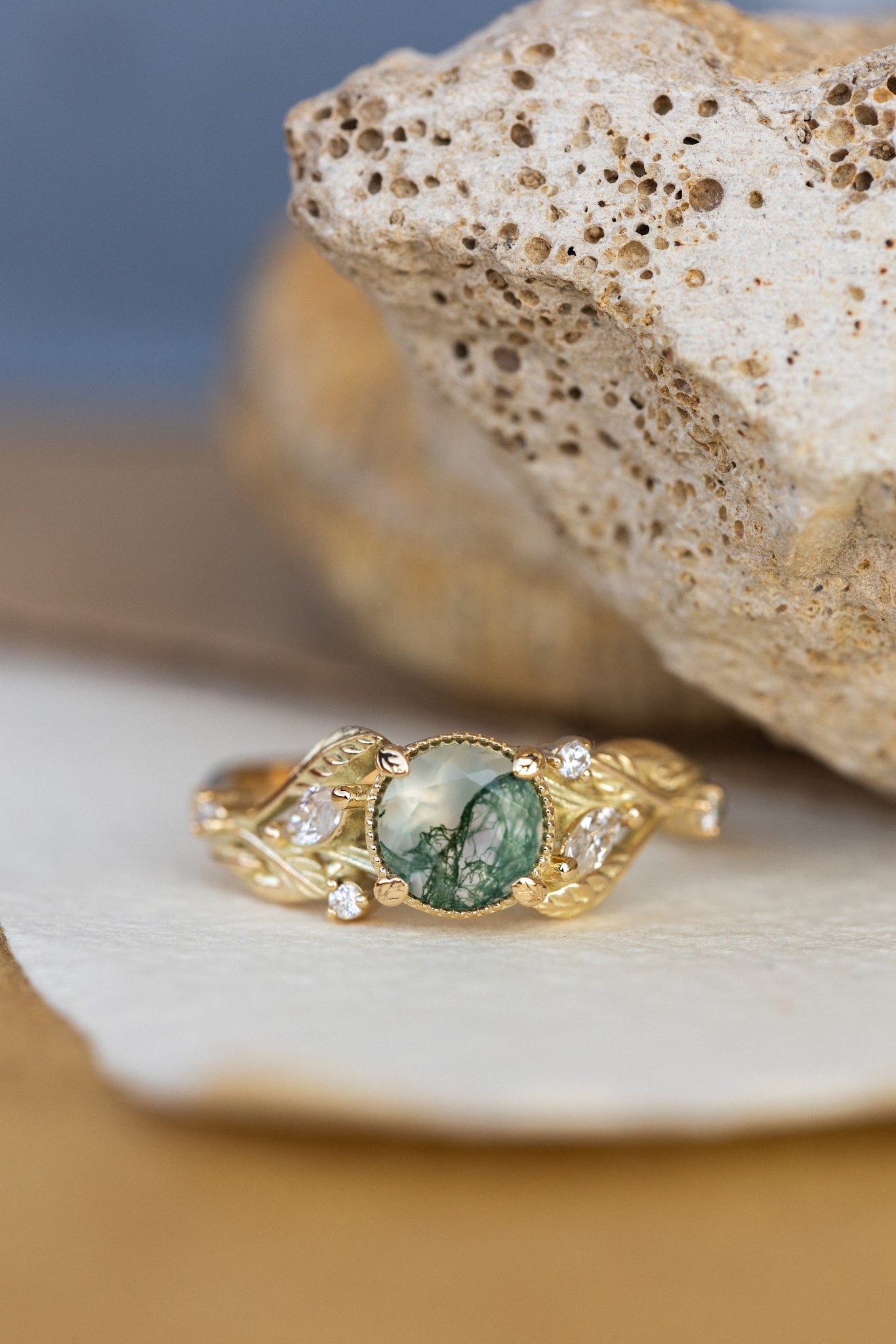 Round moss agate engagement ring, gold promise ring with accent diamonds / Patricia - Eden Garden Jewelry™