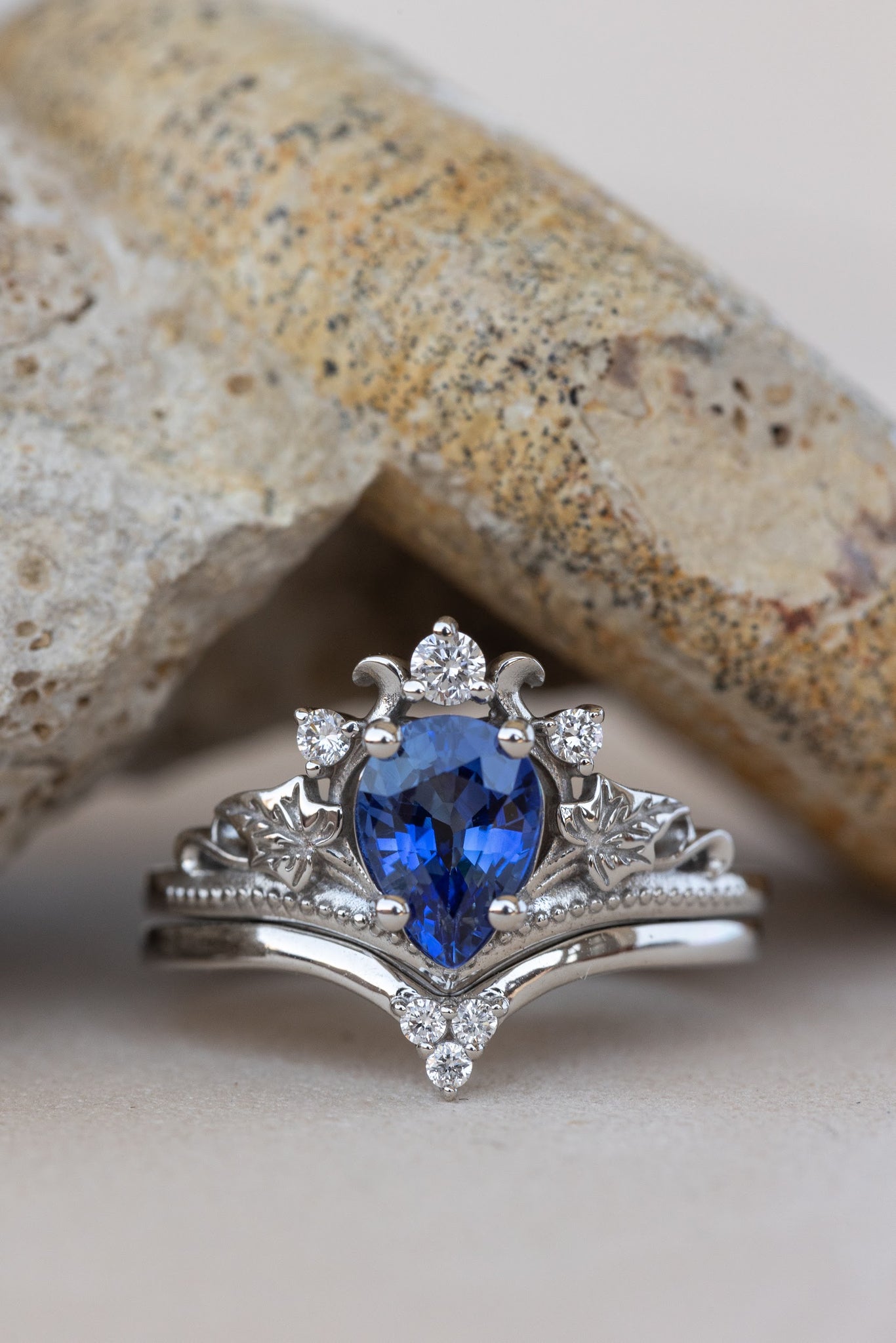 READY TO SHIP: Ariadne bridal set in 14K white gold, pear cut natural sapphire 7x5 mm, lab grown diamonds, RING SIZE: 4.5 US