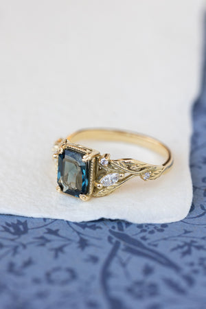 Emerald cut teal sapphire engagement ring, proposal ring with leaves and diamonds / Patricia - Eden Garden Jewelry™