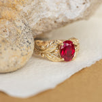 1.5 carat lab ruby engagement ring, gold leaves ring with oval shape gemstone / Cornus - Eden Garden Jewelry™