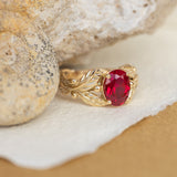 1.5 carat lab ruby engagement ring, gold leaves ring with oval shape gemstone / Cornus - Eden Garden Jewelry™