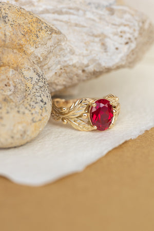 1.5 carat lab ruby engagement ring, gold leaves ring with oval shape gemstone / Cornus - Eden Garden Jewelry™