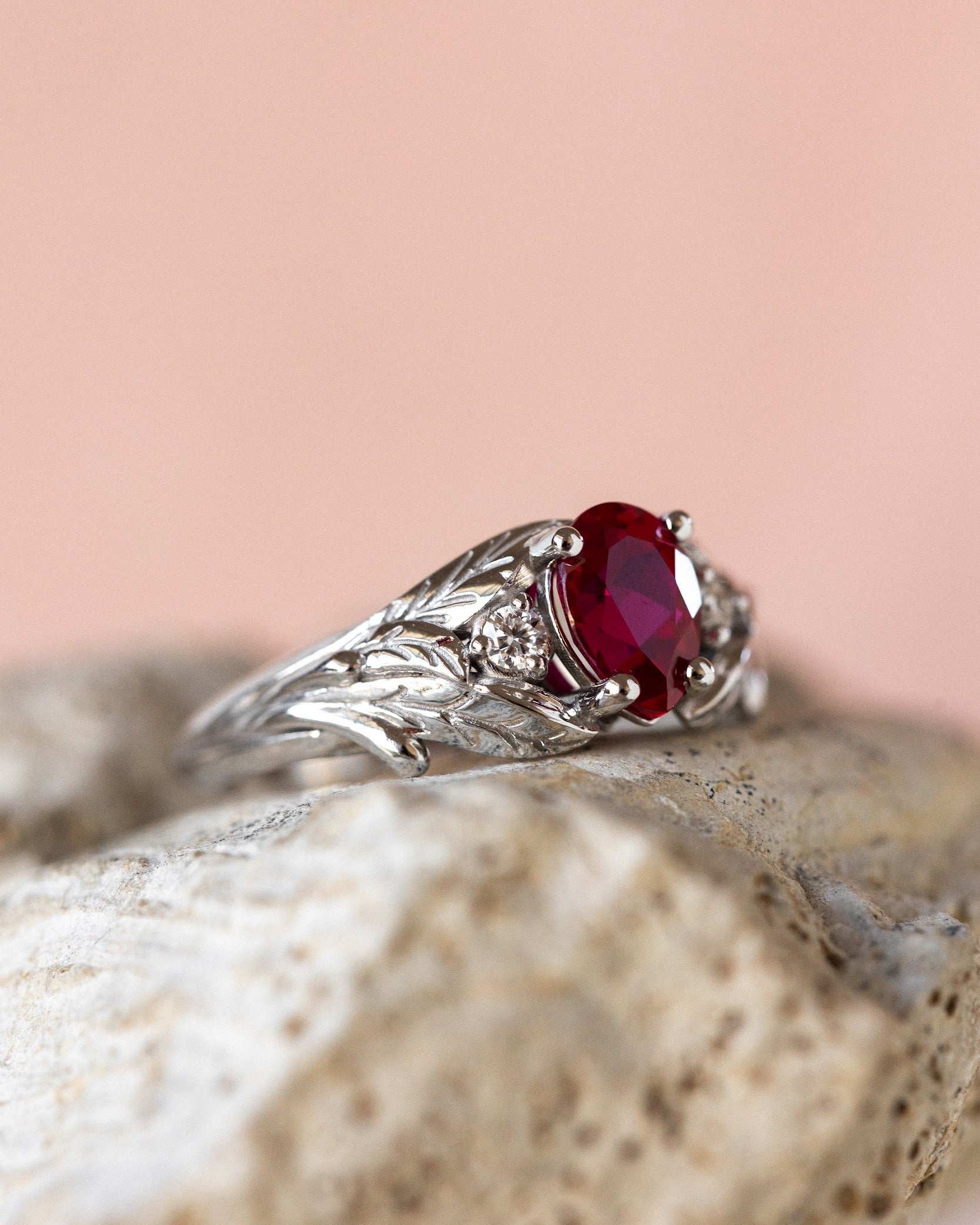 Lab ruby engagement ring, nature inspired ring with accent diamonds / Wisteria - Eden Garden Jewelry™