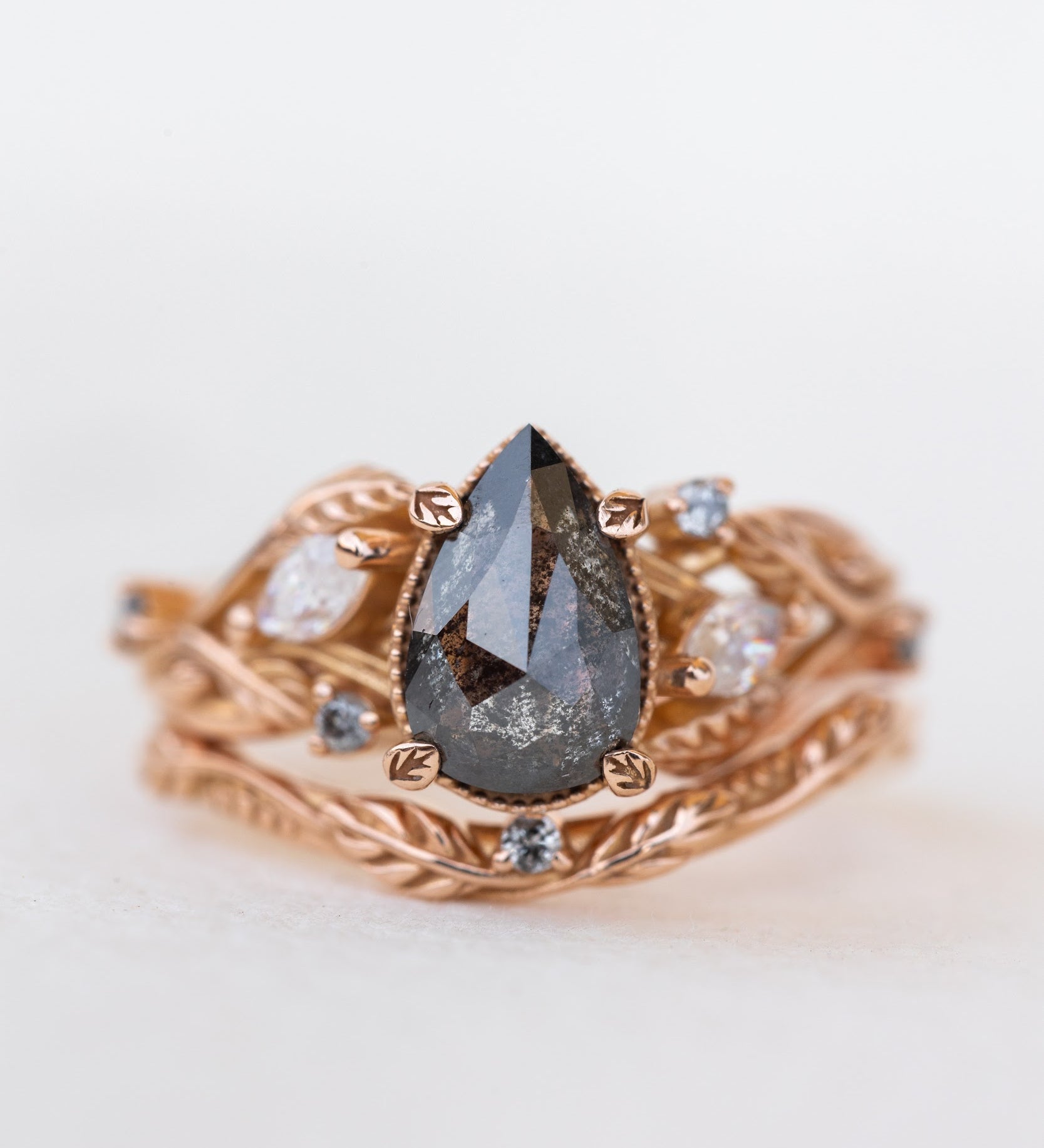 Custom order: Patricia pear cut salt & pepper diamond ring set - Eden Garden Jewelry™