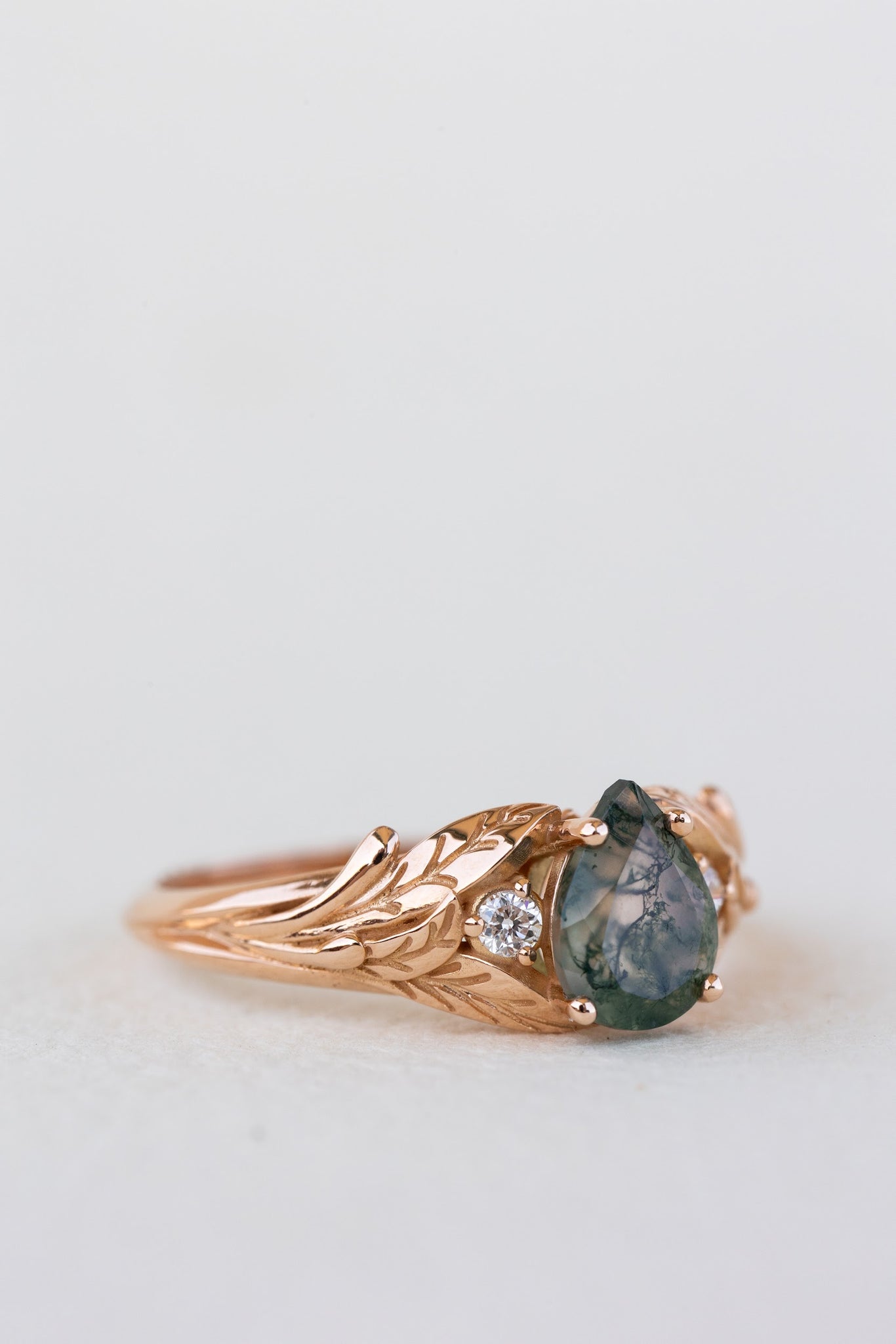 READY TO SHIP: Wisteria ring in 14K or 18K rose gold, pear moss agate, accents lab grown diamonds, RING SIZE: 7.25 US