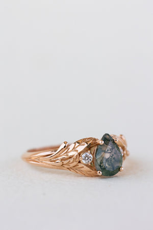 Unique moss agate engagement ring, white gold engagement ring with accent diamonds / Wisteria