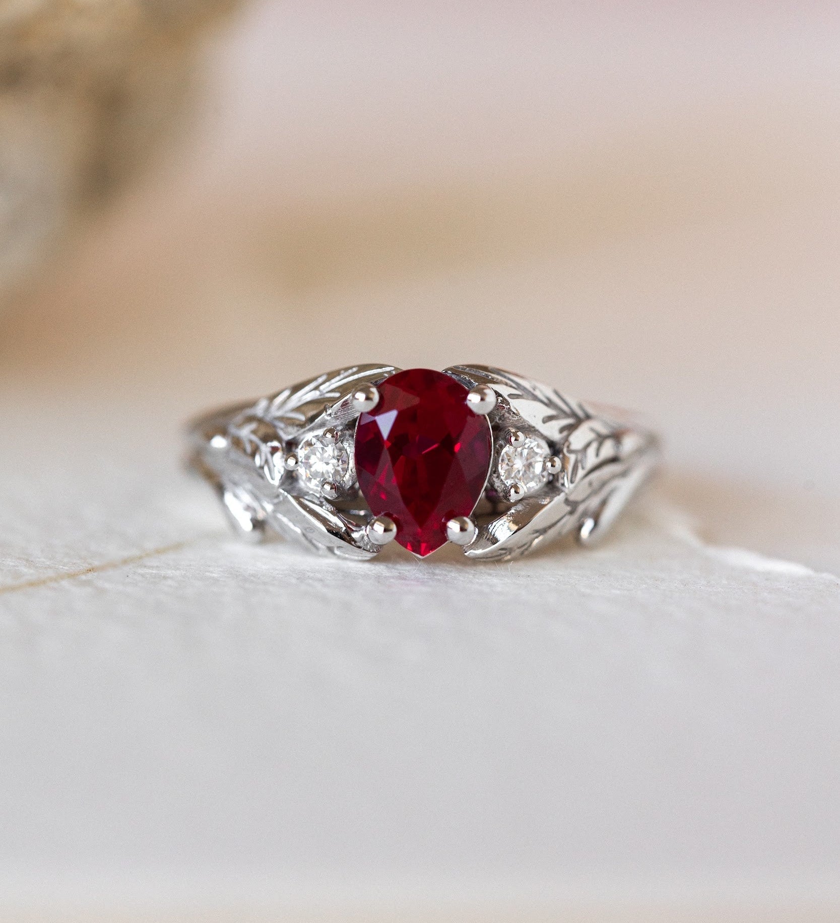 Lab ruby engagement ring, nature inspired ring with accent diamonds / Wisteria - Eden Garden Jewelry™