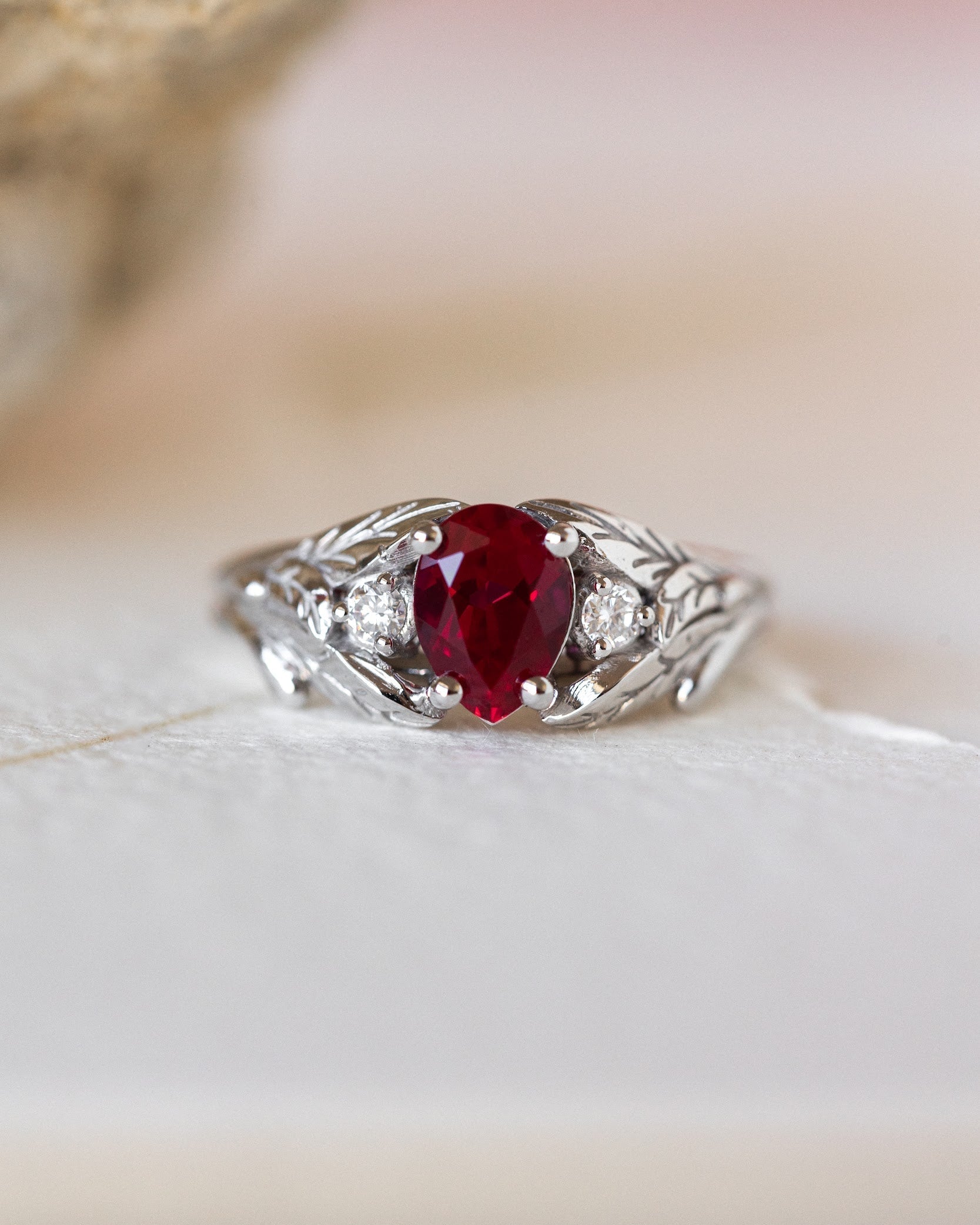 Lab ruby engagement ring, nature inspired ring with accent diamonds / Wisteria - Eden Garden Jewelry™