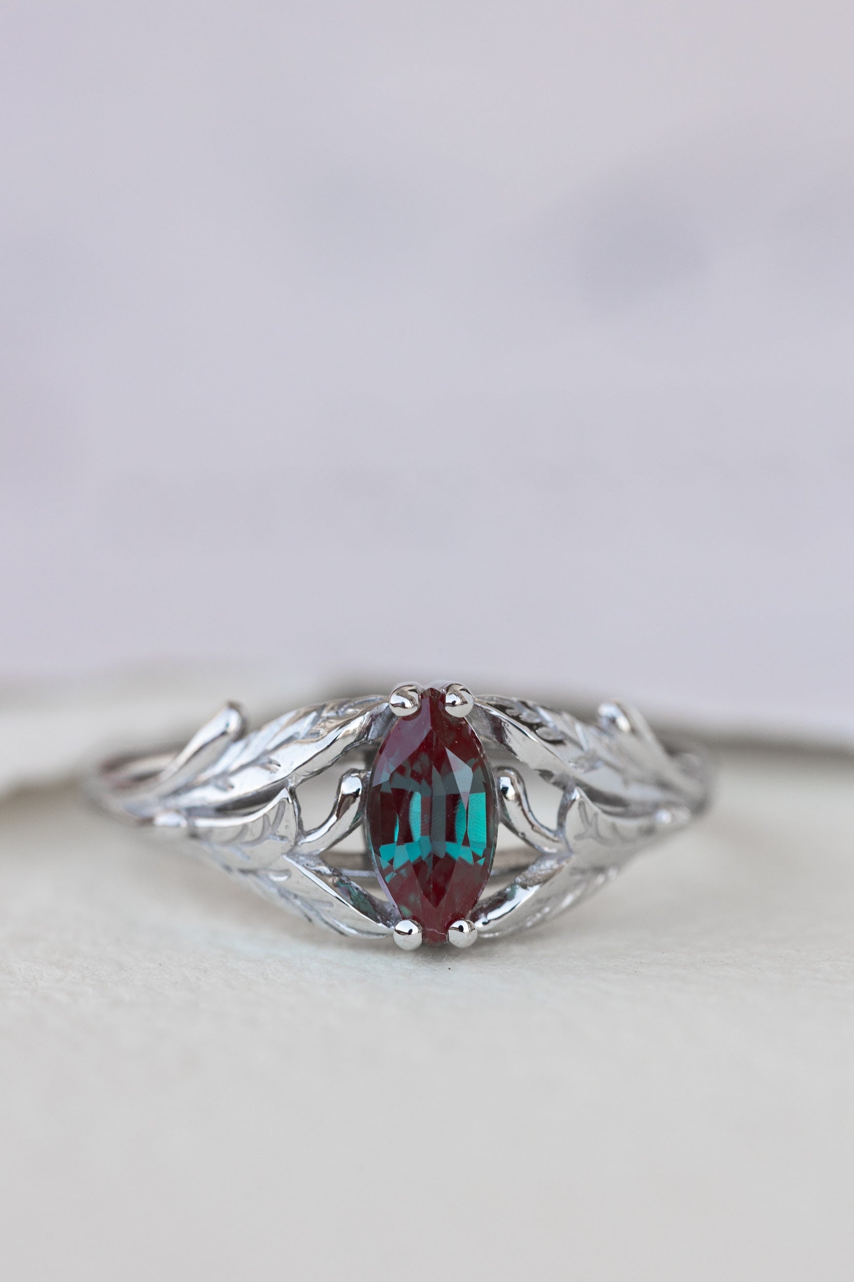 Colour changing alexandrite engagement ring, white gold twig ring with ...