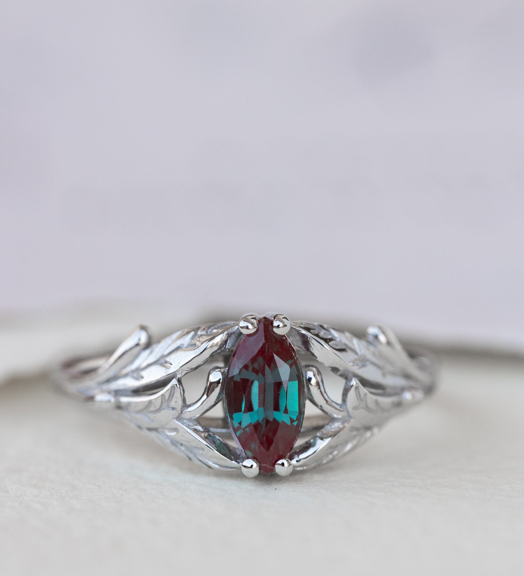 Colour changing alexandrite engagement ring, white gold twig ring with marquise alexandrite / Wisteria - Eden Garden Jewelry™