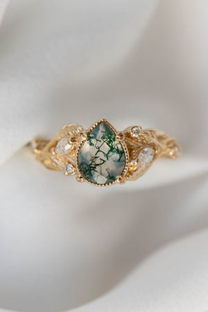 Pear moss agate engagement ring with diamonds, gold leaf branch proposal ring / Patricia - Eden Garden Jewelry™