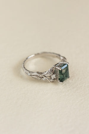 Emerald cut moss agate engagement ring, gold nature themed ring diamonds / Clematis - Eden Garden Jewelry™