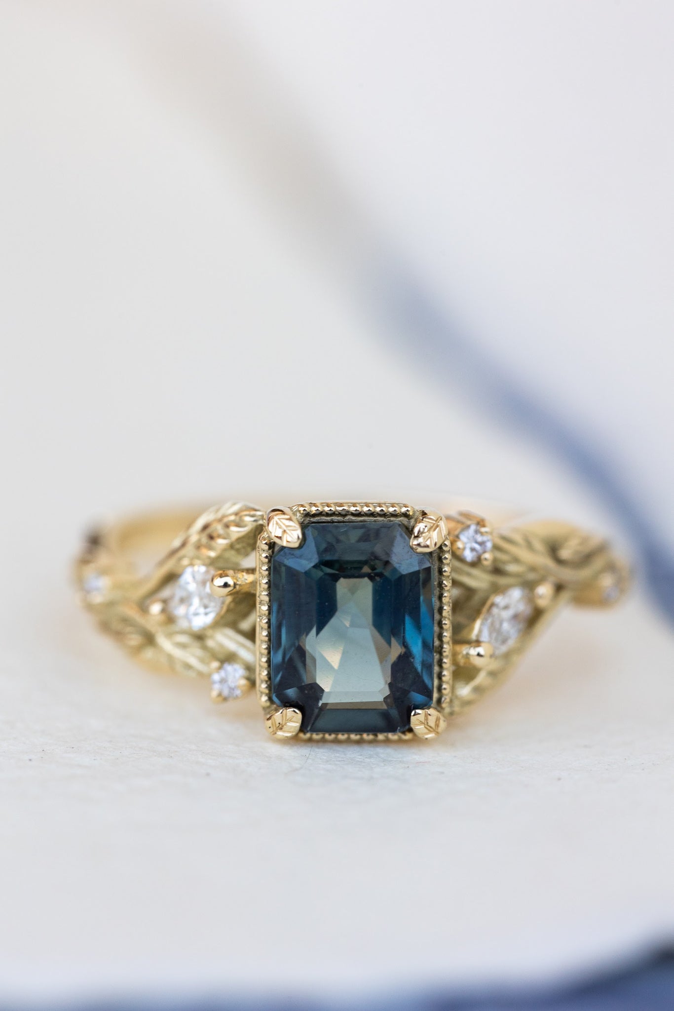 READY TO SHIP: Patricia ring in 14K yellow gold, natural teal sapphire emerald cut 8x6 mm, accents natural diamonds, AVAILABLE RING SIZES: 6-8US - Eden Garden Jewelry™