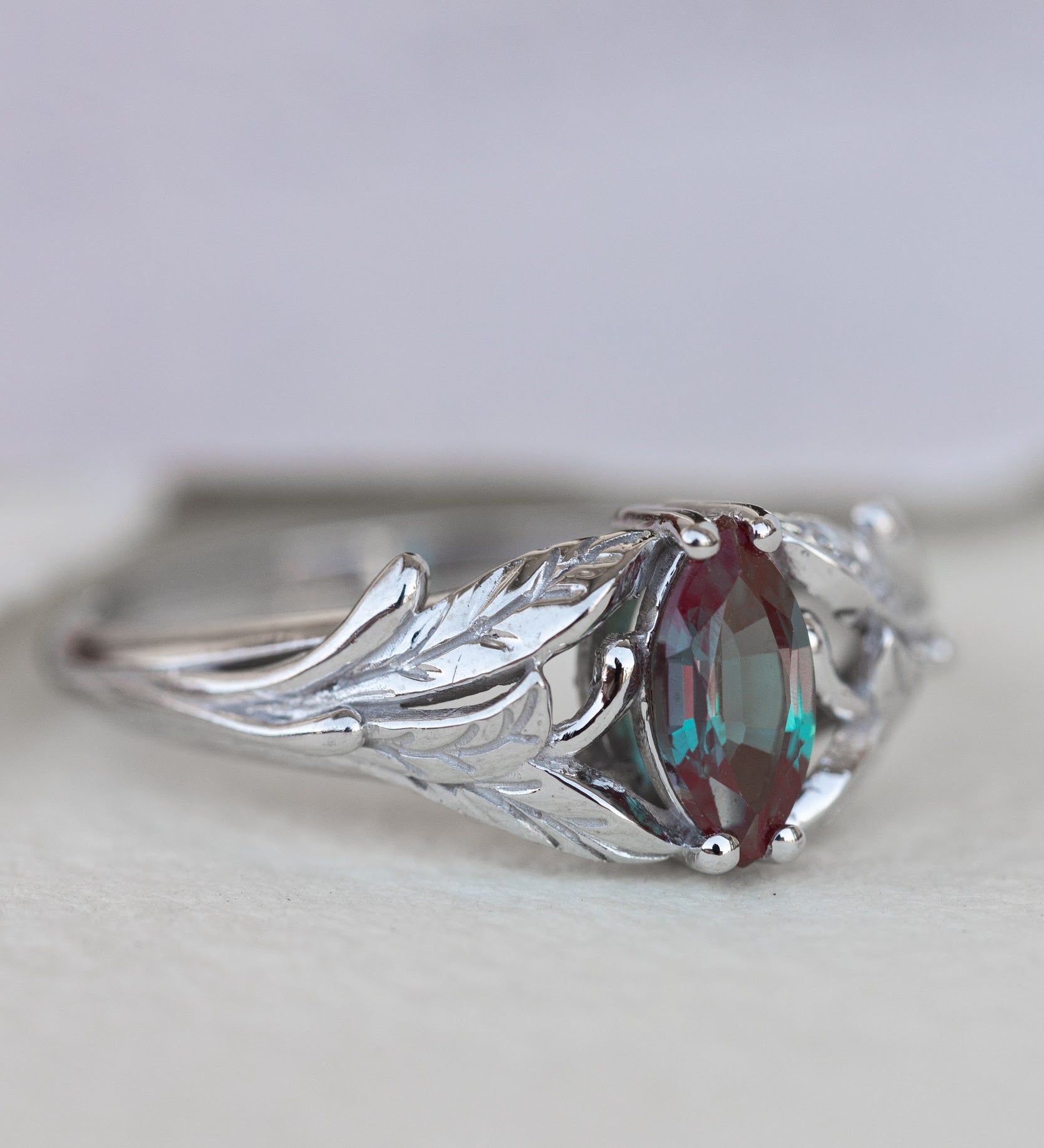 Colour changing alexandrite engagement ring, white gold twig ring with marquise alexandrite / Wisteria - Eden Garden Jewelry™