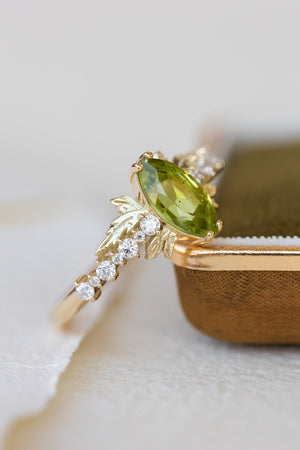 Peridot and diamonds engagement ring, nature inspired gold leaf ring / Verbena