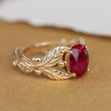 1.5 carat lab ruby engagement ring, gold leaves ring with oval shape gemstone / Cornus - Eden Garden Jewelry™