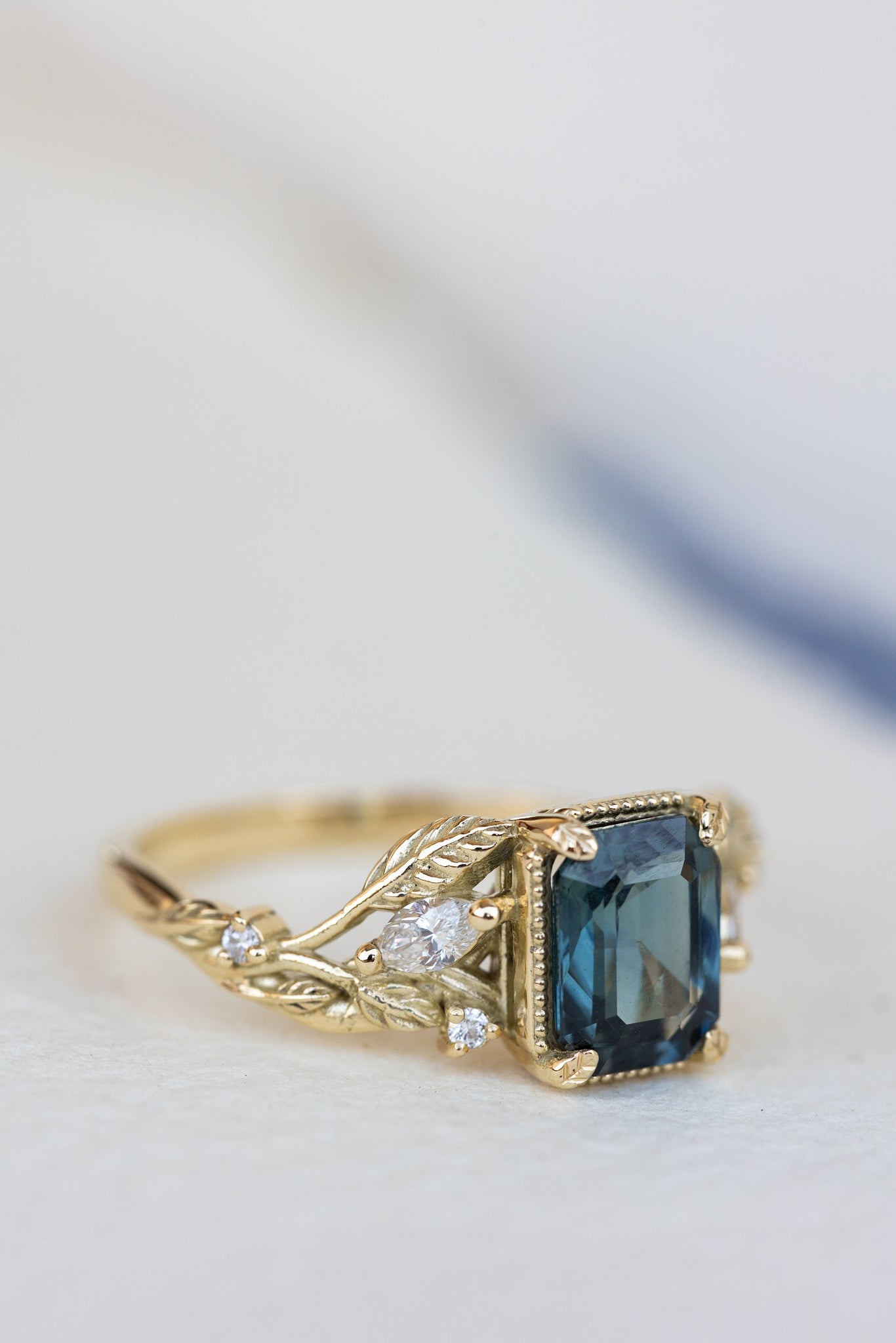 Emerald cut teal sapphire engagement ring, proposal ring with leaves and diamonds / Patricia - Eden Garden Jewelry™
