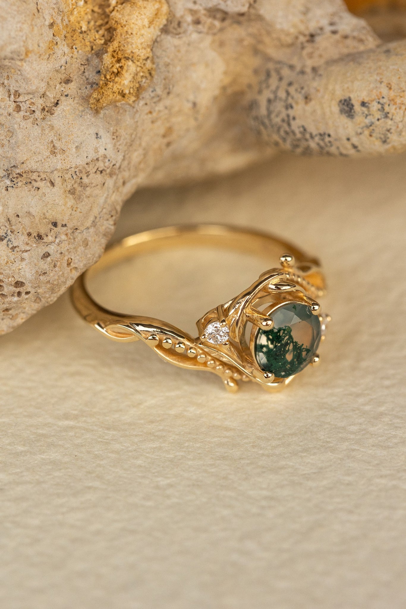 Natural moss agate yellow gold engagement ring with accent diamonds, nature themed proposal gold ring with diamonds / Undina - Eden Garden Jewelry™