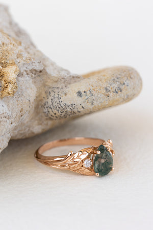 READY TO SHIP: Wisteria ring in 14K or 18K rose gold, pear moss agate, accents lab grown diamonds, RING SIZE: 7.25 US