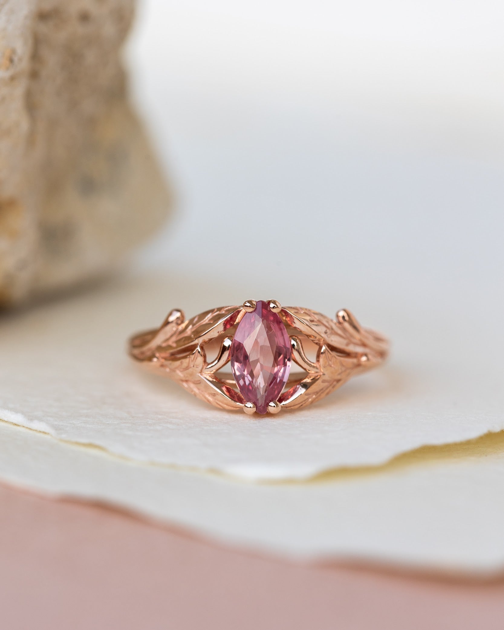Natural pink sapphire engagement ring, leaf proposal ring with marquise cut gemstone / Wisteria - Eden Garden Jewelry™