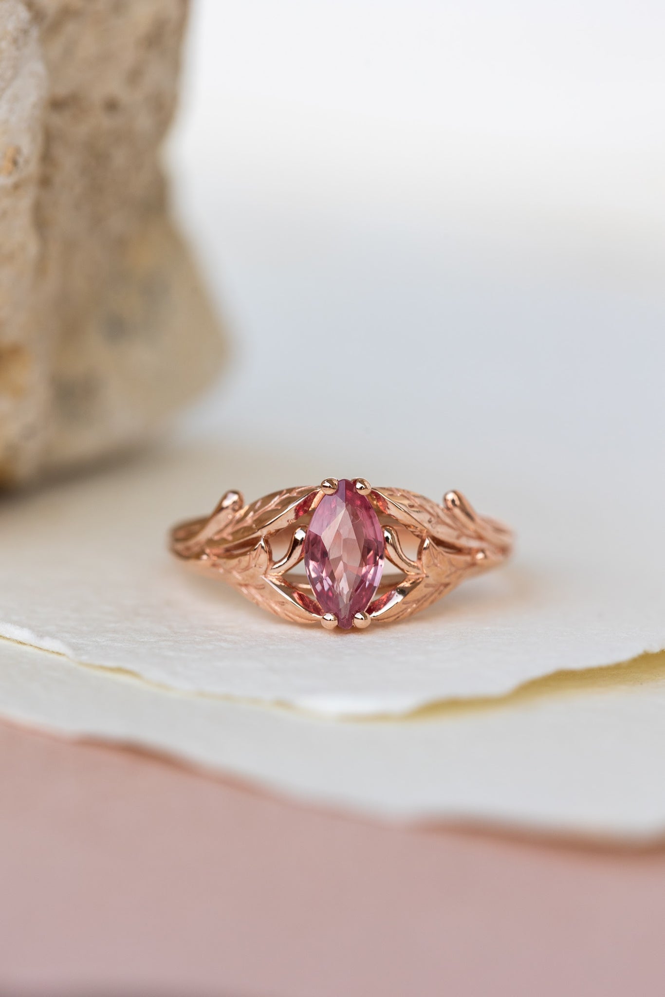 Natural pink sapphire engagement ring, leaf proposal ring with marquise cut gemstone / Wisteria - Eden Garden Jewelry™