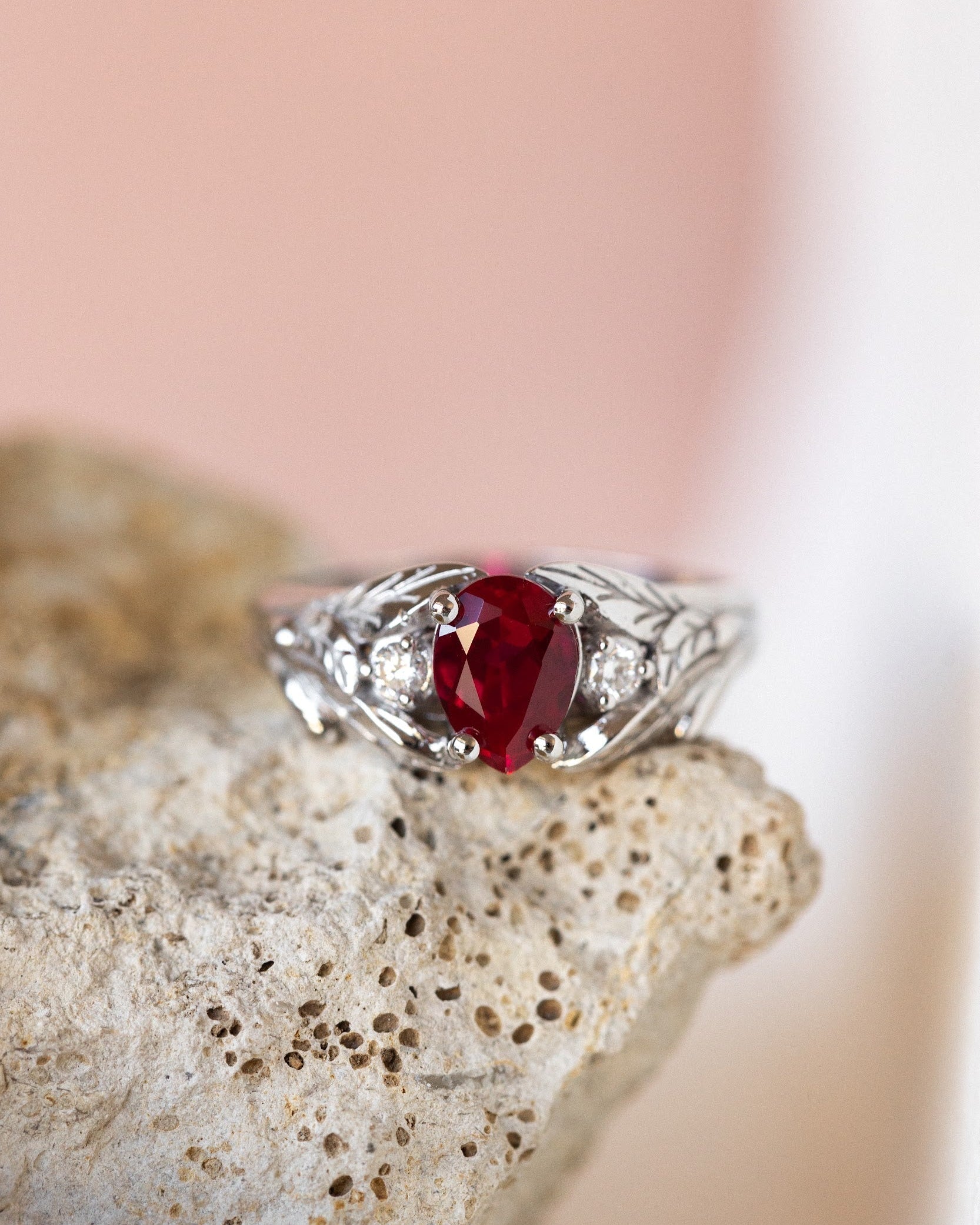Lab ruby engagement ring, nature inspired ring with accent diamonds / Wisteria - Eden Garden Jewelry™